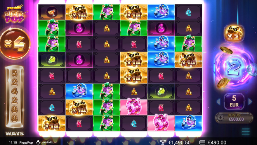 PiggyPop slot free spins feature with expanded grid