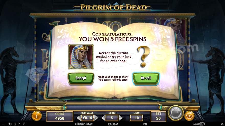 Introduction to the free spins feature where the player can accept or reroll the displayed symbol