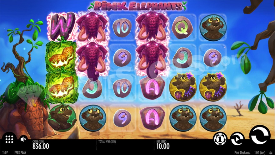 Base game showing pink elephants on the reels.