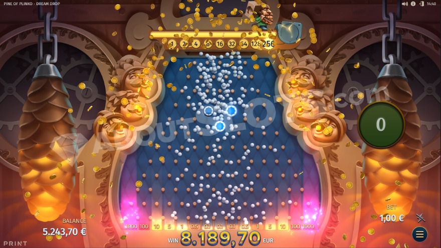 Massive number of balls falling down as the maximum level is reached on the Gnome counter