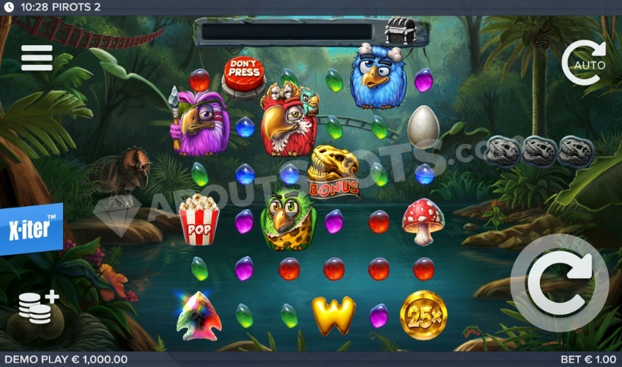 Pirots 2 slot base game with colorful birds and jungle theme