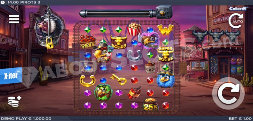 Pirots 3 base game screenshot showing the Wild West theme