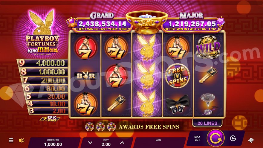 Slot machine with 5 reels showing Playboy theme symbols.