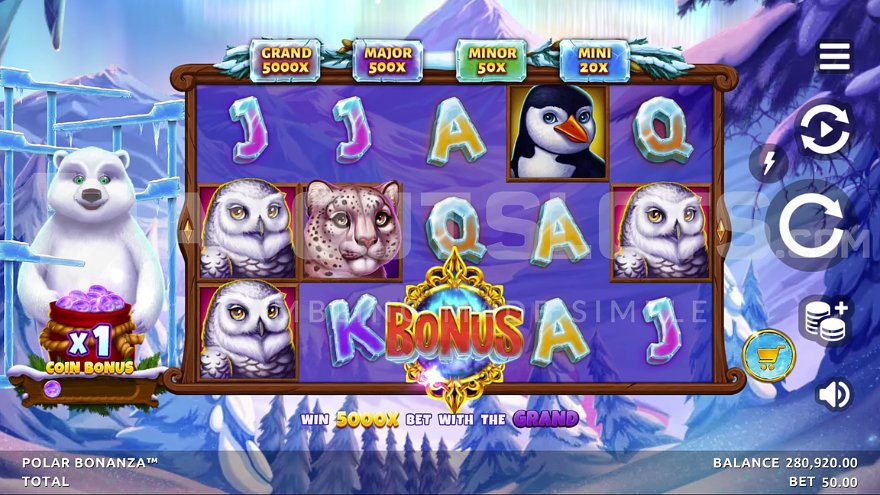 Polar Bonanza base game featuring a winter landscape with a friendly polar bear character
