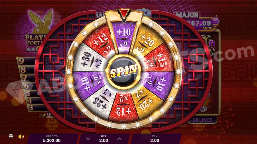 Wheel with segments ranging from 10 spins with 2X multiplier to 30 spins with 3X multiplier.