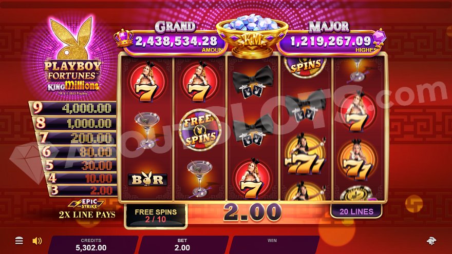 A 2X win on the second of ten free spins showing Playboy themed symbols.