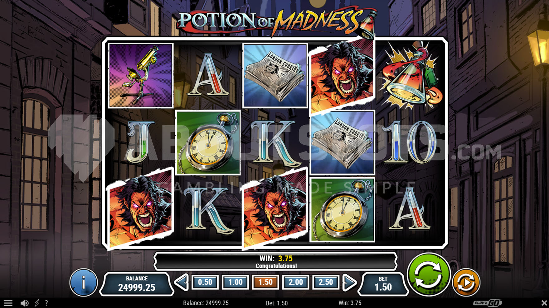 Base game view with a 5x3 grid containing comic-style symbols against a night cityscape backdrop