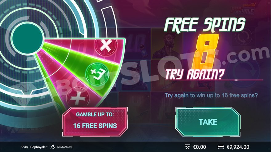 Gamble wheel offering a chance to risk 8 free spins for a chance to win up to 16 spins.