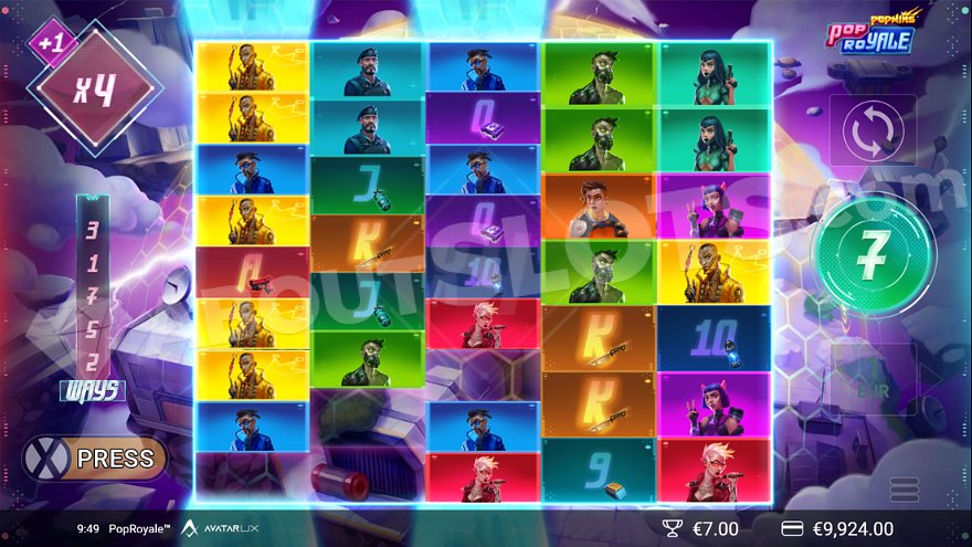 7, 8 and 9 rows on reels with a 4X multiplier in free spins mode.