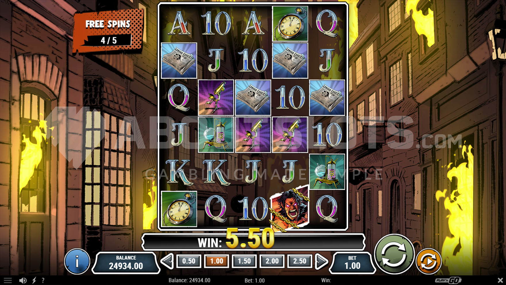 Free spins bonus round showing the expanded 5x6 grid with a burning city in the background