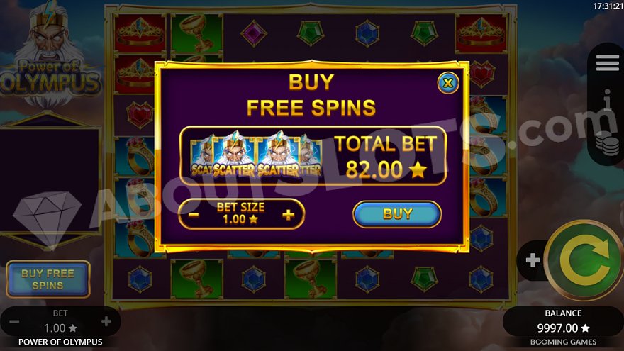 Menu offering free spins purchase option for 82X stake