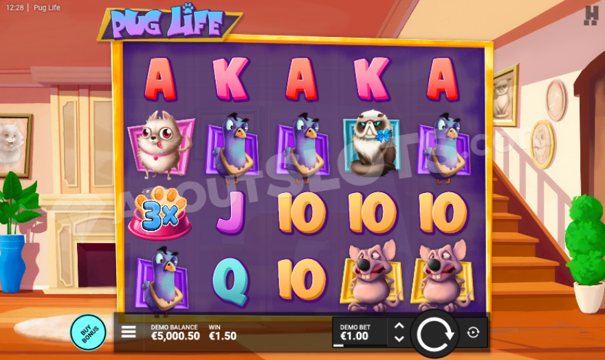 Pug Life slot gameplay screen showing cartoon style pug character