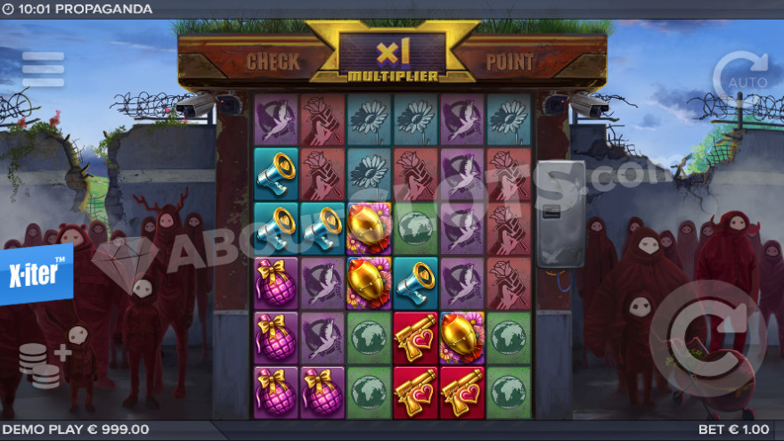 Propaganda slot game main screen showing military theme with red-clothed figures