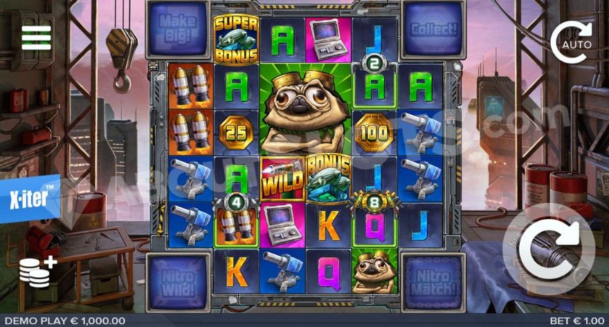 Slot game display showing pugs and various symbols on the reels.