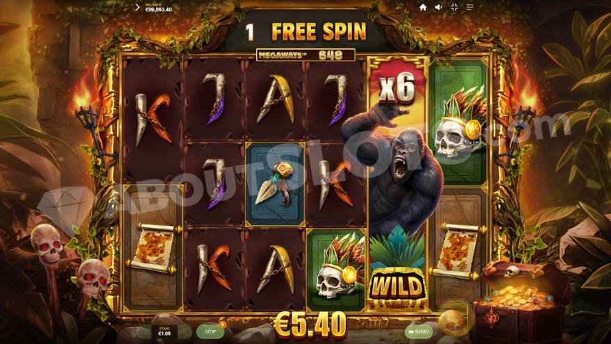 Bonus game with free spins featuring a 6X primate wild symbol on the fifth reel.