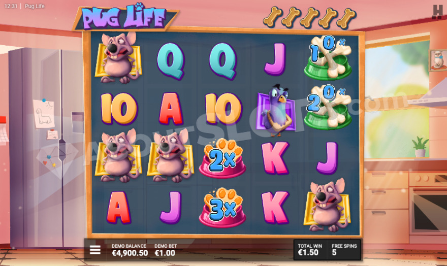 Pug Life bonus feature showing treat symbols with multipliers