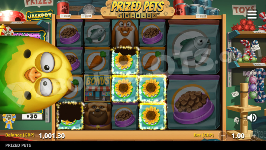 Gigablox feature showing large symbol blocks in Prized Pets slot