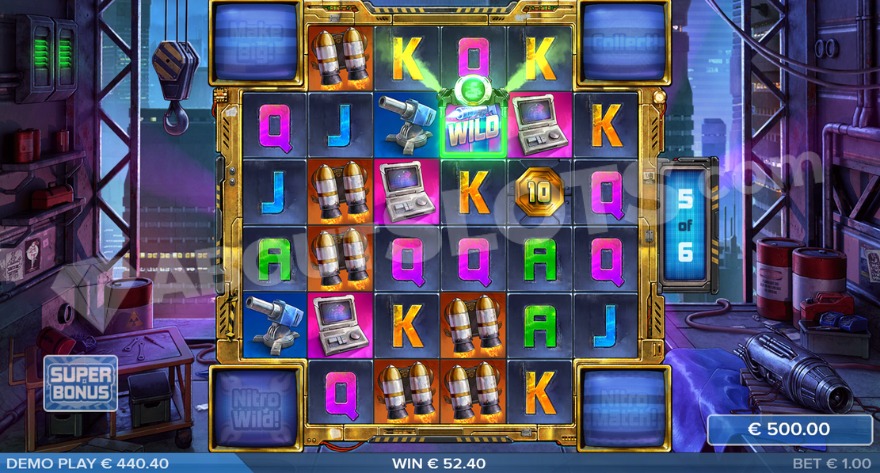 Slot game feature screen showing winning combinations and special symbols.