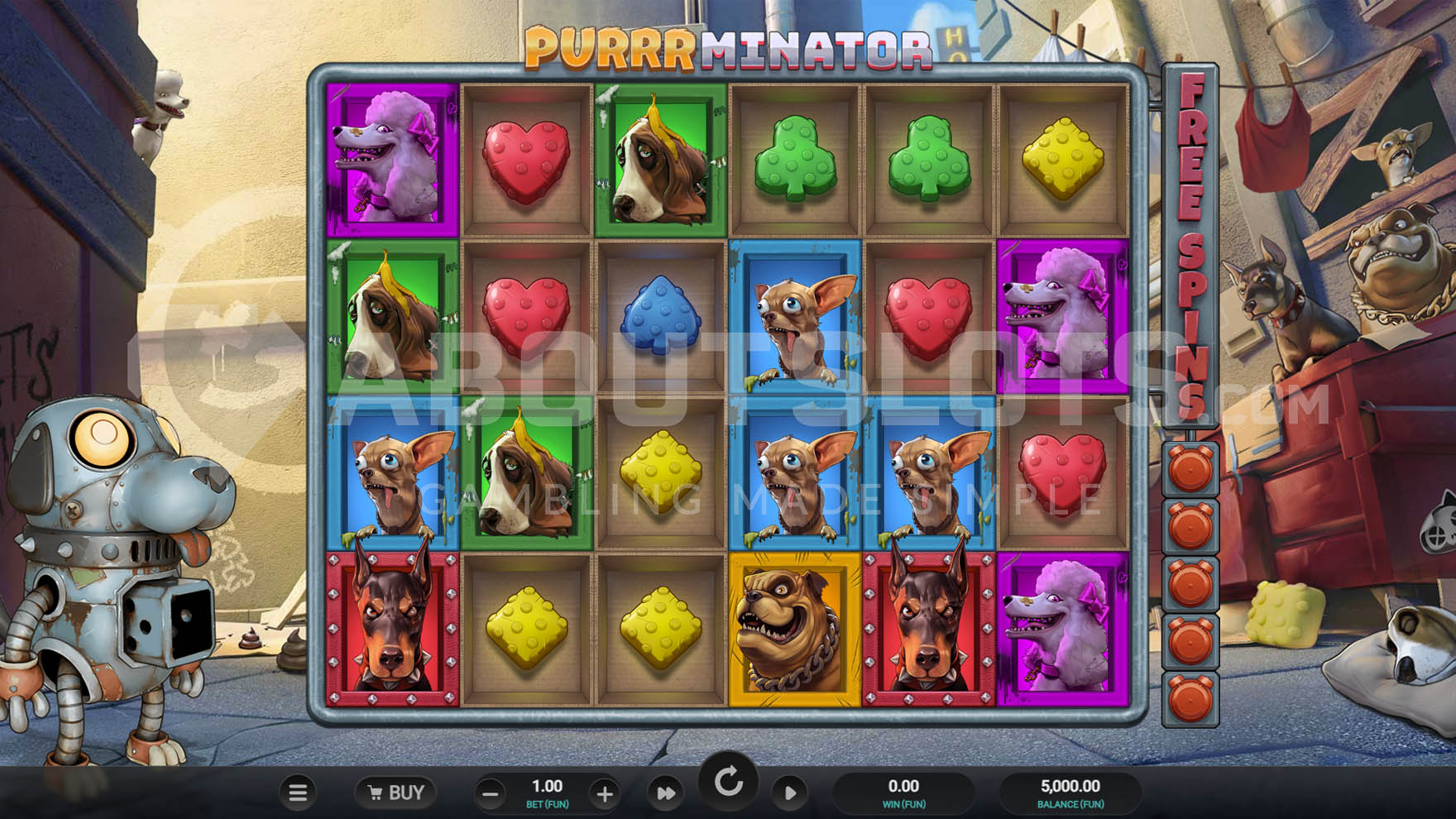 Base game view showing 6x4 grid with various regular symbols