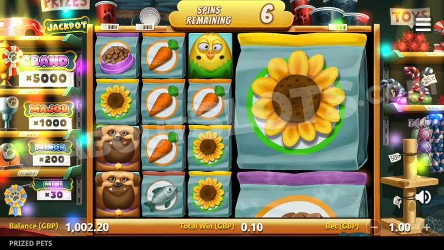 Free spins bonus round in Prized Pets Gigablox with special features
