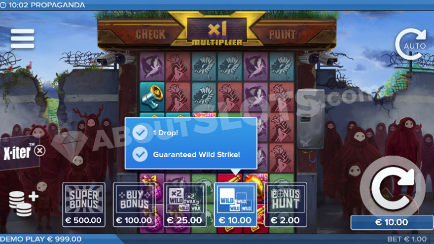 Propaganda slot bonus features with multipliers and special symbols