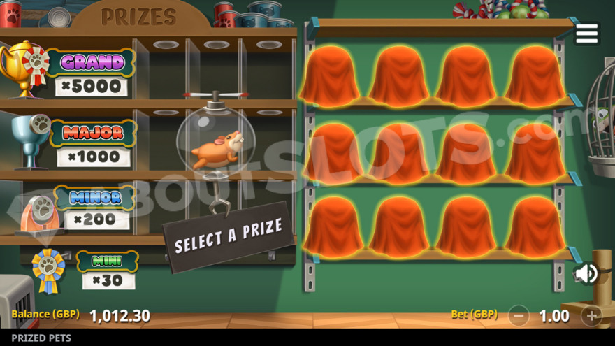 Jackpot bonus feature screen with selection of hidden trophies