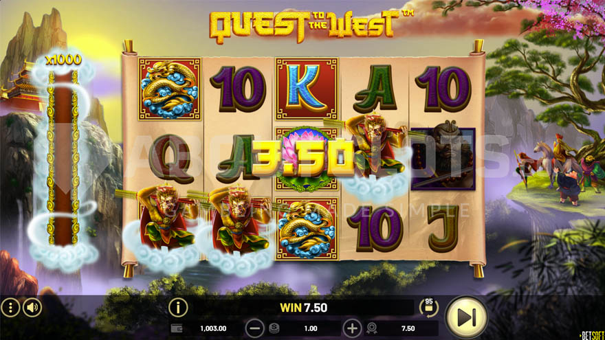 Activated Quest to the West feature with 3 moving Wild symbols on reels 1, 2, and 4