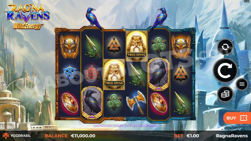 Base game with two ravens visible above the reels.
