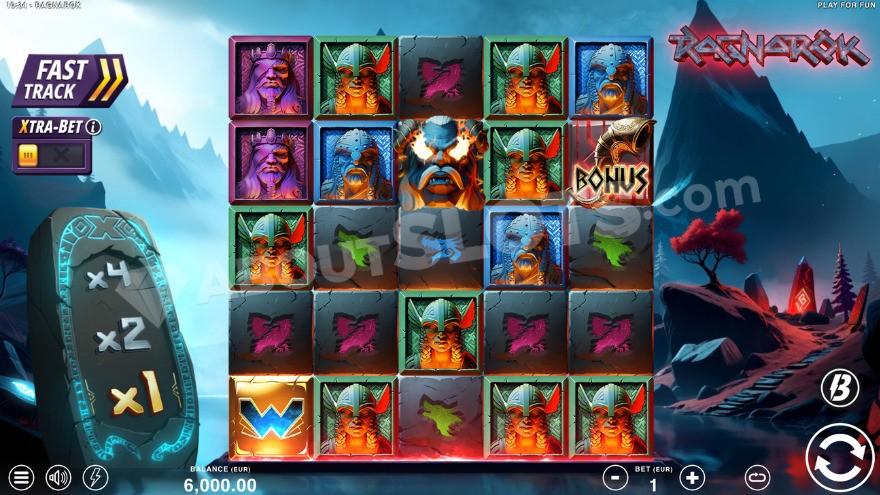 Base game with win multiplier displayed on the left side of the reels.