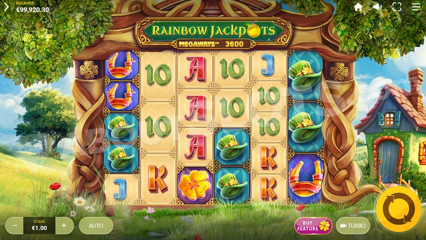 Rainbow Jackpots Megaways slot with wooden game board in a natural setting.