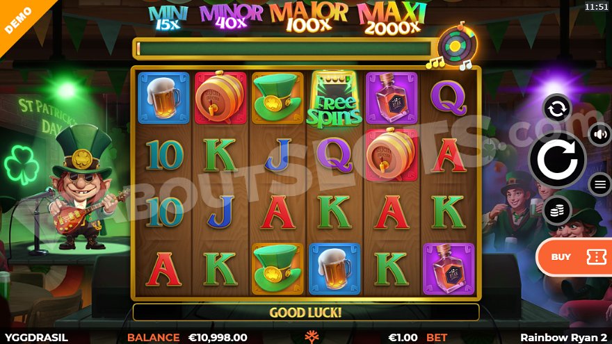 Game slot with stage setup and leprechaun character on the left side.