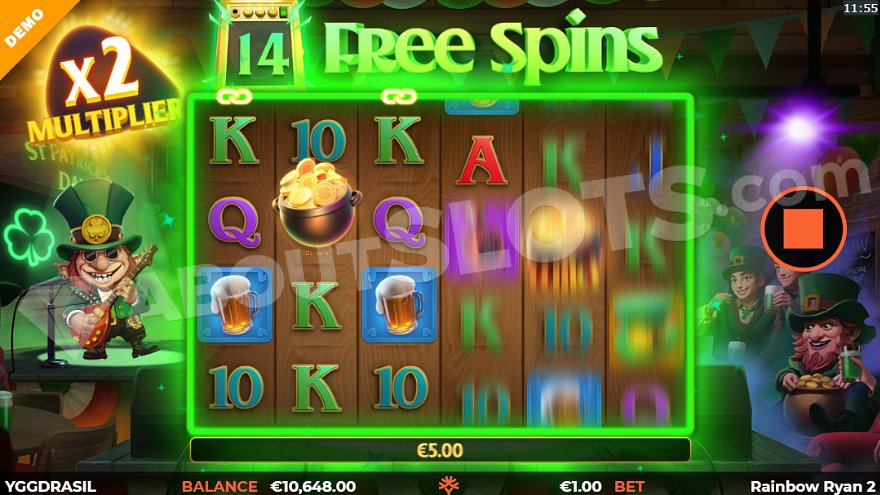 Main character playing electric guitar next to the reels with 14 free spins remaining.