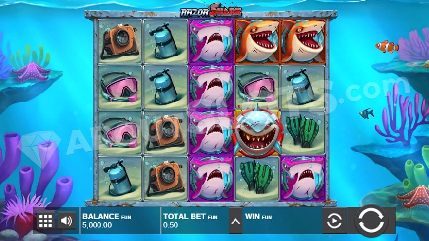 Razor Shark slot game interface showing underwater theme with sharks