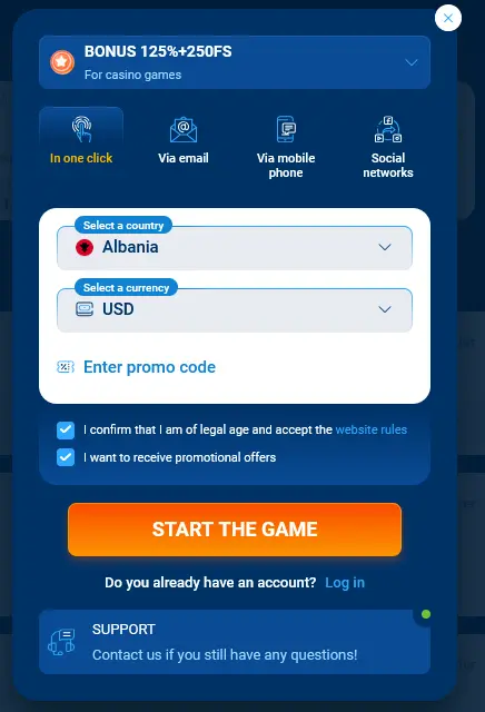 One Click Registration at Mostbet