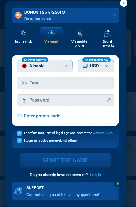 Registration via Email at Mostbet
